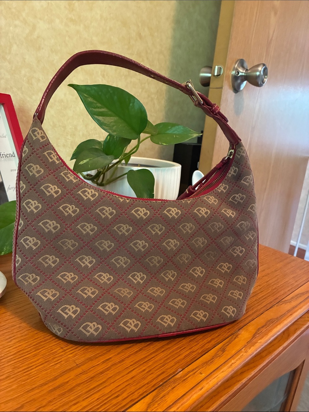 Dooney & Bourke Brown Canvas Hobo with Red Trim